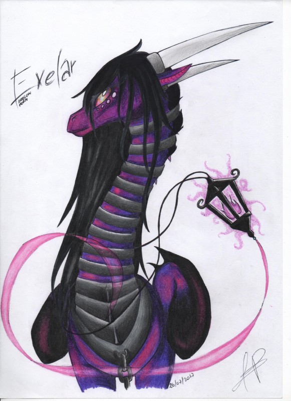 ambiguous_gender chain creating_art fantasy femboy feral fire hair horn iron lamp lantern long_neck magic markings multicolored_eyes purple_body ring roleplay scales simple_background smile solo standing steel white_background alita_berserker mythology evelar dragon mythological_creature mythological_scalie scalie 2017 absurd_res colored_pencil_(artwork) hi_res portrait traditional_media_(artwork)