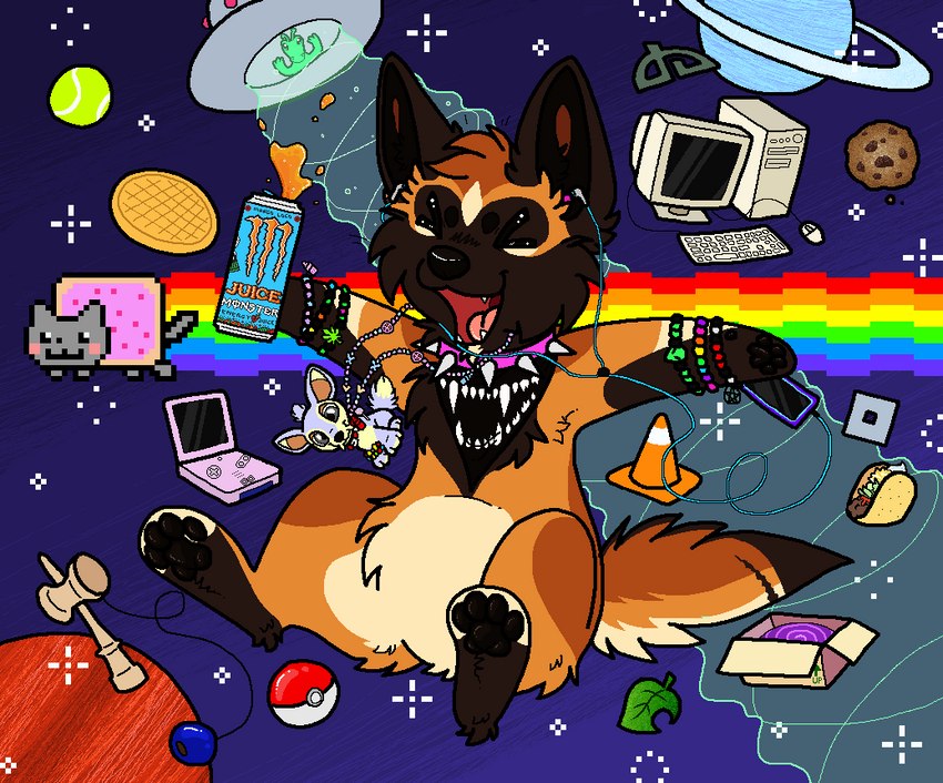 2000s_theme alternative_fashion ambiguous_gender anthro ball beaded_jewelry beads beverage beverage_can black_kerchief black_neckerchief black_nose black_pawpads bracelet brown_body brown_fur can cellphone collar computer container cookie crt crt_monitor desktop deviantart_logo digitigrade drugs earbuds electronics energy_drink eyes_closed fangs featureless_crotch fluffy_chest food fur game_boy_advance_sp_console game_console handpaw headphones hindpaw holding_beverage holding_can holding_container holding_object jewelry kandi_(jewelry) kerchief marijuana markings monster_energy_can neckerchief necklace nude open_mouth open_smile pawpads paws phone pink_collar pink_tongue planet plushie pokeball pot_leaf scene_(fashion) semi-anthro smartphone smile solo space spiked_collar spikes star taco tail tan_markings teeth tennis_ball tongue traffic_cone ufo vlc_media_player waffle xd maligaytor animal_crossing cookie_clicker deviantart game_boy_advance_sp game_boy_family monster_energy neopets nintendo nyan_cat_(copyright) pokemon roblox vlc nyan_cat woowoo_(maligaytor) alien baby_neopet canid canine canis domestic_dog herding_dog lupe_(neopets) malinois_dog mammal neopet_(species) pastoral_dog sheepdog 2023 aliasing digital_drawing_(artwork) digital_media_(artwork) flat_colors full-length_portrait meme microsoft_paint_(artwork) portrait