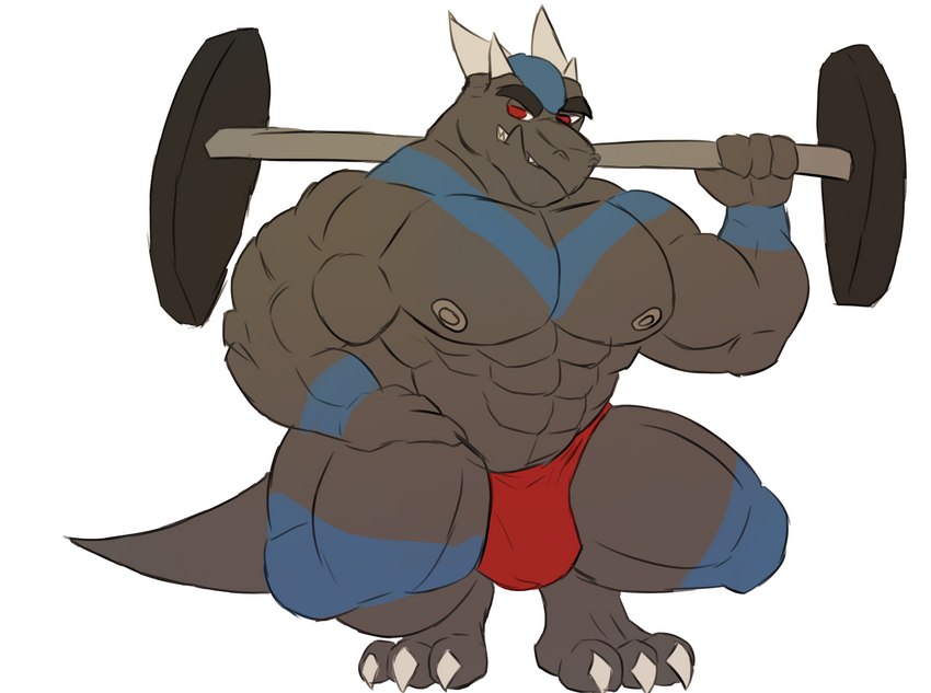 abs anthro barazoku barbell biceps big_muscles bulge clothed clothing crouching exercise flexing himbo holding_barbell holding_object horn male manly muscular muscular_anthro muscular_male nipples paws pecs simple_background smile smirk solo tail teeth thong underwear weightlifting weights workout amideo mythology nintendo pokemon dragon fossil_pokemon generation_4_pokemon mythological_creature mythological_scalie pokemon_(species) rampardos scalie absurd_res hi_res