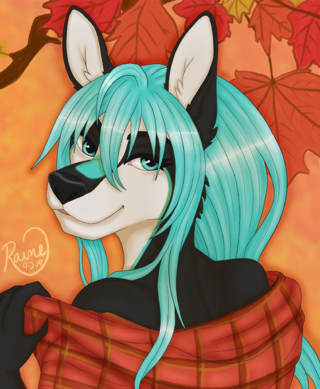 ambiguous_gender anthro autumn bare_shoulders biped flannel_shirt hair leaf long_hair outside simple_background smile solo teal_eyes teal_hair miss_rain raine_kirijo mammal digital_media_(artwork) headshot_portrait hi_res portrait