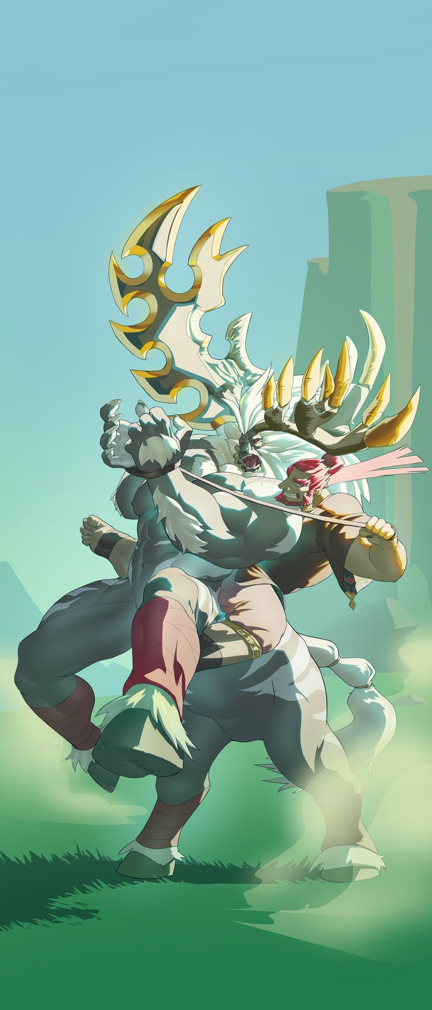 bucking duo male male/male mature_male mount/rider_relations muscular riding rodeo rope taming o2h nintendo tears_of_the_kingdom the_legend_of_zelda ganondorf equid equid_taur gerudo human lynel mammal mammal_taur taur absurd_res hi_res