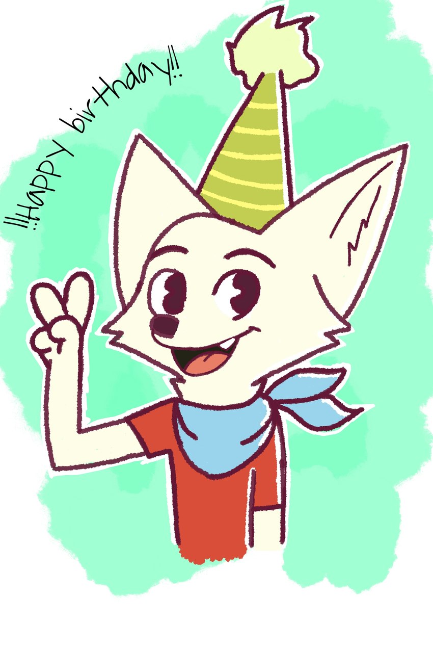 anthro birthday clothing fur gesture hand_gesture hat headgear headwear kerchief male party_hat red_clothing simple_background solo text v_sign white_background white_body white_fur mrfoxluck mau_(mrfoxluck) arctic_fox canid canine fox mammal true_fox 2:3 absurd_res english_text hi_res