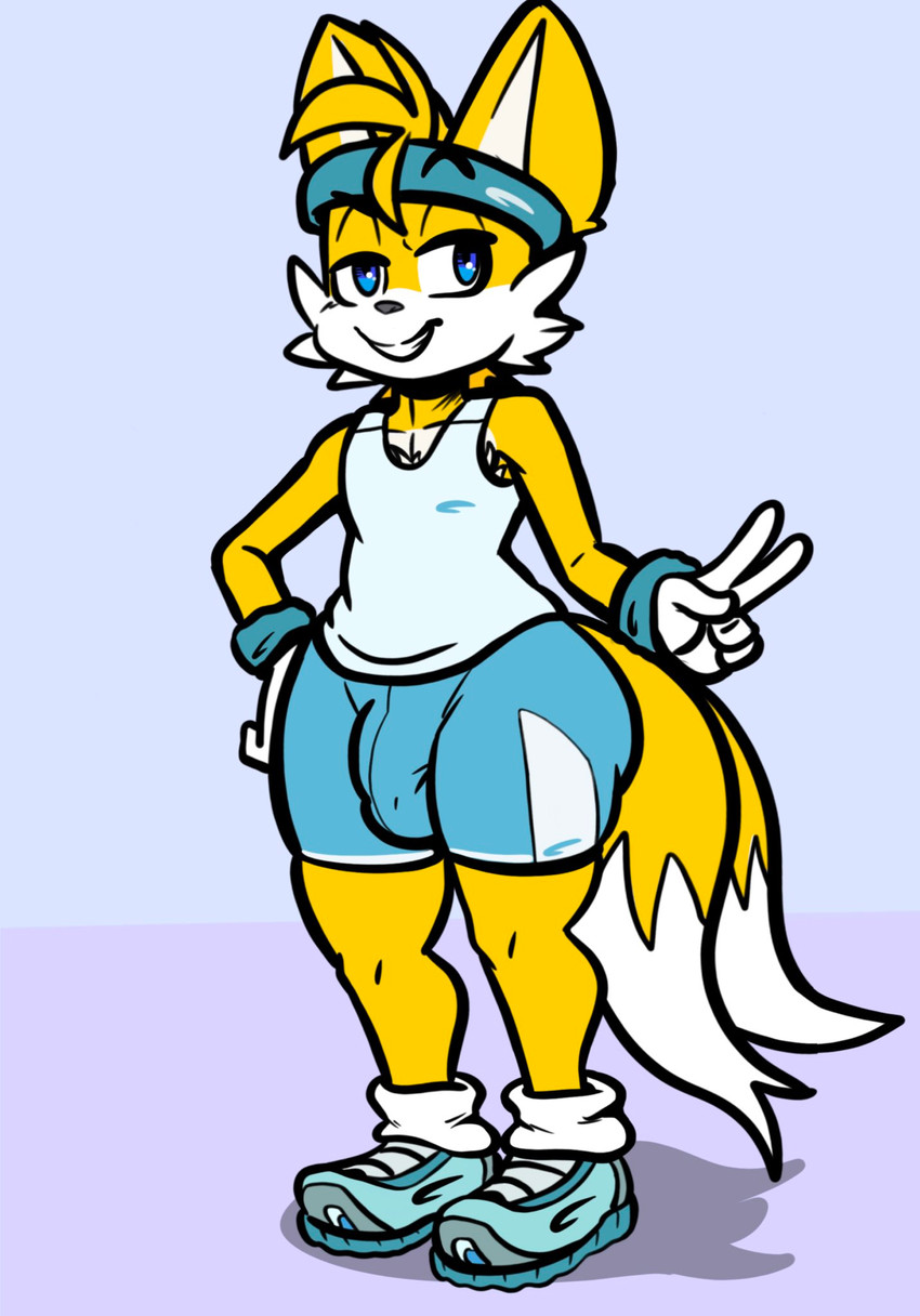 anthro athletic_wear bottomwear bulge clothed clothing femboy footwear fully_clothed gesture grin hand_gesture male shirt shoes shorts smile sneakers socks solo standing tank_top topwear v_sign wide_hips workout_clothing workout_outfit taillove_(artist) sega sonic_the_hedgehog_(series) miles_prower canid canine fox mammal hi_res