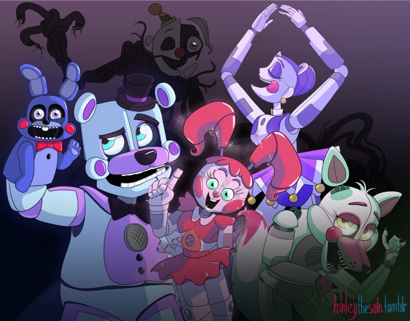 anthro ballerina ballet bottomwear clothing dancewear dancing fifth_position_arms_(ballet) glowing glowing_eyes group machine skirt tutu haileythesato five_nights_at_freddy's scottgames sister_location ballora_(fnafsl) circus_baby_(fnaf) ennard_(fnafsl) funtime_foxy_(fnaf) funtime_freddy_(fnafsl) puppet_bonnie_(fnafsl) animatronic bear canid canine fox humanoid lagomorph leporid mammal rabbit robot 2016 absurd_res digital_media_(artwork) hi_res