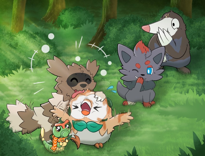 feral licking tongue tongue_out resachii nintendo pokemon caterpie drilbur generation_1_pokemon generation_3_pokemon generation_5_pokemon generation_7_pokemon pokemon_(species) rowlet zigzagoon zorua hi_res