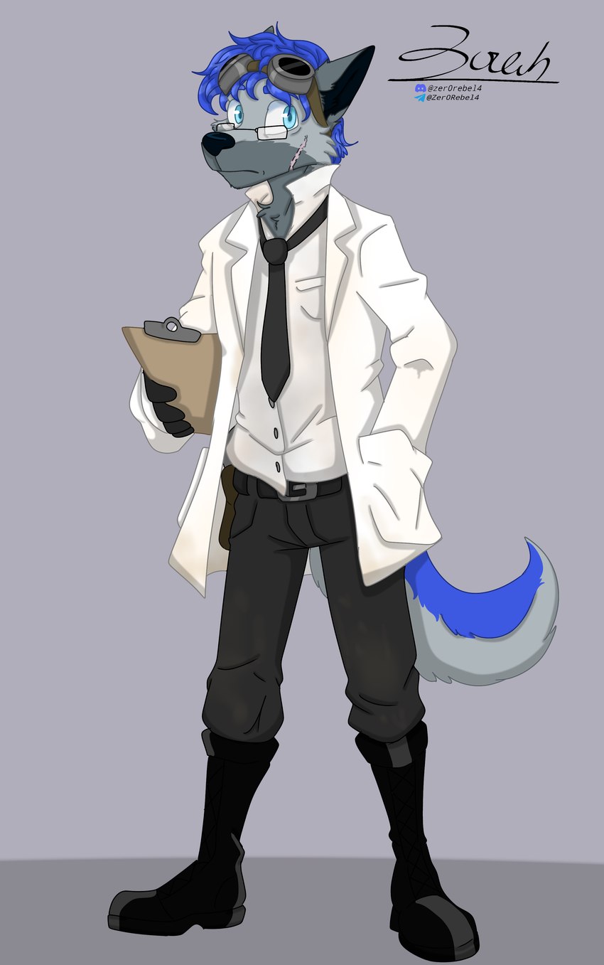 anthro blue_body blue_eyes blue_fur blue_hair blue_markings boots clipboard clothed clothing coat collared_shirt dress_pants dress_shirt eyewear eyewear_on_head facial_scar footwear fur goggles goggles_on_head grey_body grey_fur grey_markings hair hand_in_pocket lab_coat male markings necktie nervous pockets scar shirt shoes topwear zer0rebel4 discord_(app) telegram alex_(alexfolfsky) canid canine canis domestic_dog fox husky hybrid mammal nordic_sled_dog spitz wolf 2024 absurd_res hi_res shaded