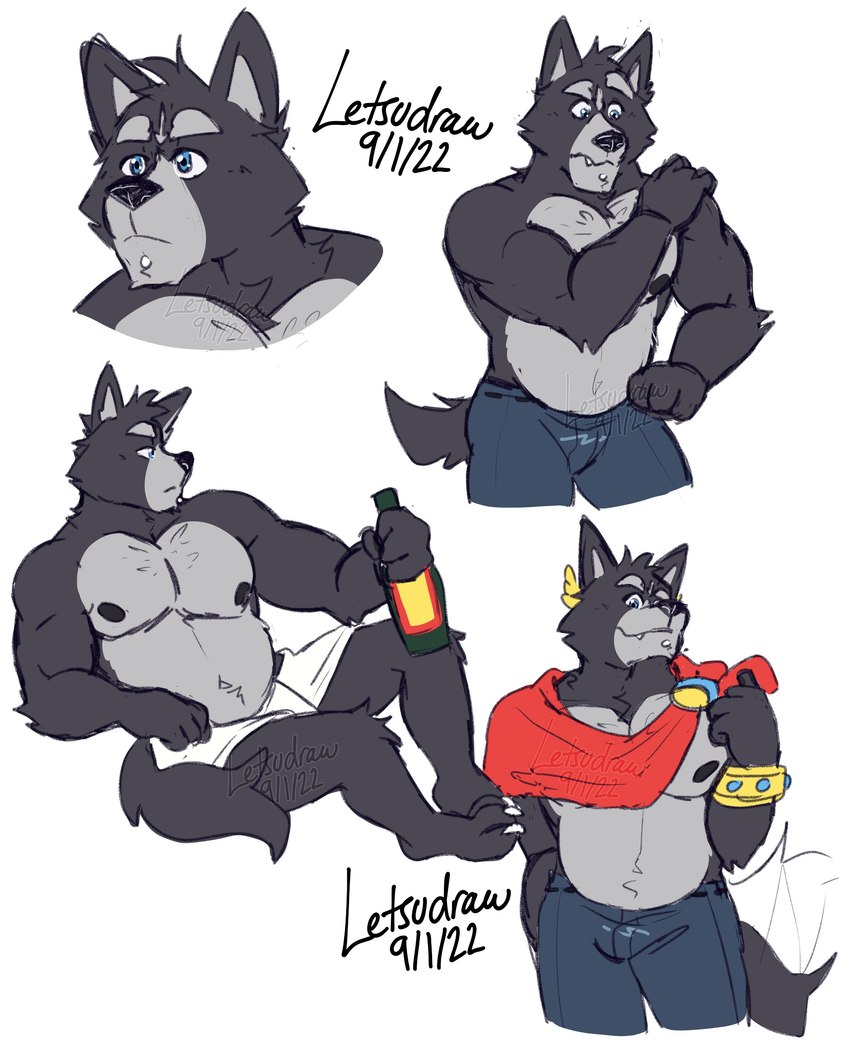 alcohol anthro barazoku beckoning beverage black_nipples blue_eyes bored bottomwear bracelet brooch cape claws clothed clothing facial_piercing fur gesture gold_(metal) gold_jewelry golden_wreath grey_body grey_fur hand_on_shoulder jewelry labret_piercing lip_piercing loincloth male multicolored_body multicolored_fur muscular muscular_anthro muscular_male nipples pants pecs piercing simple_background smile solo subligaculum topless topless_anthro two_tone_body two_tone_fur wine wine_bottle wreath letsudraw adastra adastra_(series) echo_project amicus_(adastra) canid canine canis mammal wolf absurd_res hi_res signature