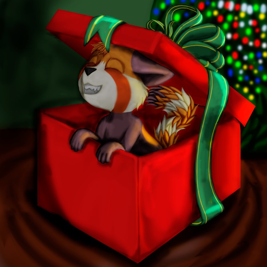 anthro christmas_gift christmas_tree eyes_closed gift holidays inside male nude plant smile solo tree young young_anthro theslimedragon christmas ailurid mammal red_panda 1:1 digital_media_(artwork) hi_res shaded