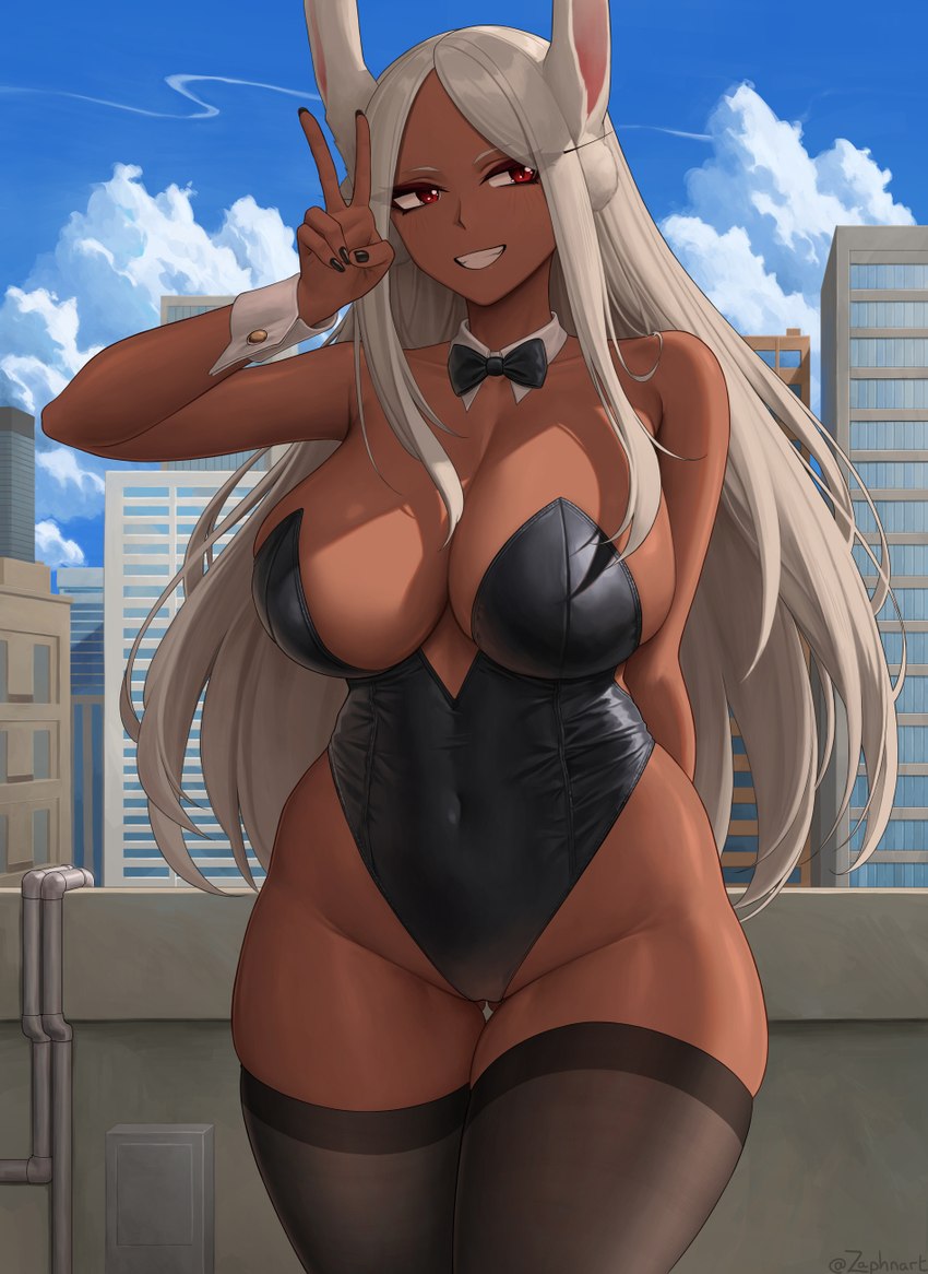 5_fingers bare_shoulders big_breasts bow_(feature) bow_in_front bow_tie breasts building bunny_costume city cleavage clothed clothing cloud colored_nails costume detailed_background eyebrows eyelashes female fingers gesture hair hand_gesture legwear leotard long_hair nails navel_outline outside shirt_collar shirt_cuffs sky smile solo standing stockings strapless_clothing strapless_leotard teeth text thigh_gap thigh_highs twitter_handle v_sign white_hair wide_hips zaphn my_hero_academia rumi_usagiyama animal_humanoid humanoid lagomorph lagomorph_humanoid leporid_humanoid mammal mammal_humanoid rabbit_humanoid 2023 artist_name hi_res