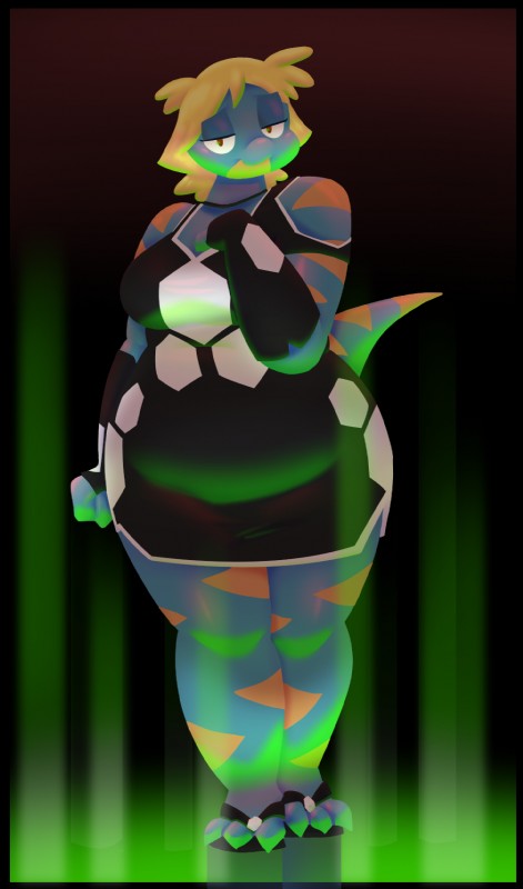 anthro black_background black_clothing black_dress blonde_hair blue_body blue_skin clothing dress female fingerless_gloves flip_flops footwear gloves gradient_background hair handwear hexagon sandals shoes simple_background slightly_chubby smile solo stripes wide_hips potoobrigham bree_(junk_planet) scalie hi_res