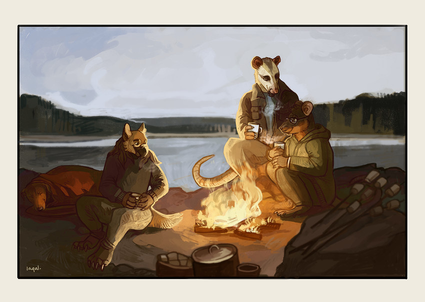 4_toes 5_fingers anthro beak border clothed clothing day detailed_background feet fingers fire group male outside sitting sky toes yellow_border jagal american_opossum mammal marsupial 2020 digital_media_(artwork) hi_res
