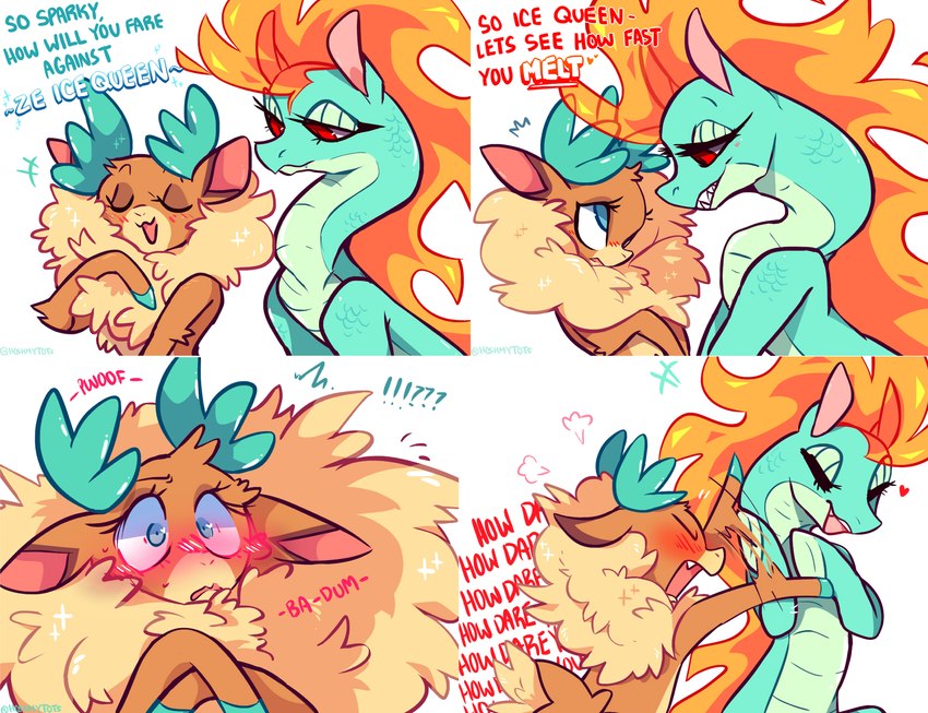 4_panel_comic antlers blue_eyes blue_text blush constricted_pupils duo female female/female feral fire flaming_hair flaming_mane flirting fluffy fluffy_chest fur green_body green_scales heart_symbol horn larger_female looking_down pseudo_hair pseudo_mane pupils quadruped red_eyes red_text repeated_dialogue repeated_text scales sharp_teeth simple_background size_difference small_pupils smaller_female smile tan_body tan_fur teal_antlers teeth text white_background hoshmyposhes asian_mythology chinese_mythology east_asian_mythology mythology them's_fightin'_herds tianhuo_(tfh) velvet_reindeer_(tfh) deer dragon hybrid longma mammal mythological_creature mythological_equine mythological_scalie new_world_deer reindeer scalie 2021 comic digital_media_(artwork) english_text hi_res