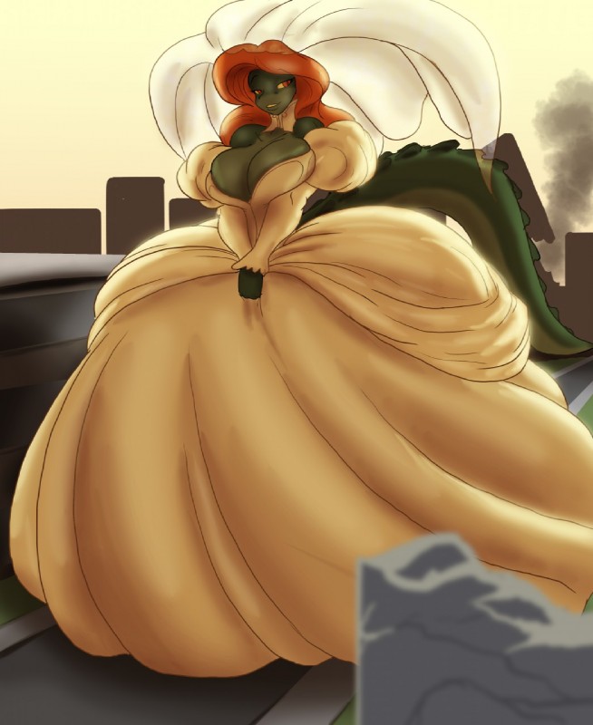 anthro ball_gown breasts bride bridezilla cleavage clothed clothing dress female hair macro non-mammal_breasts parody solo wedding_dress toughset godzilla_(series) toho godzilla lizard reptile scalie digital_media_(artwork) hi_res