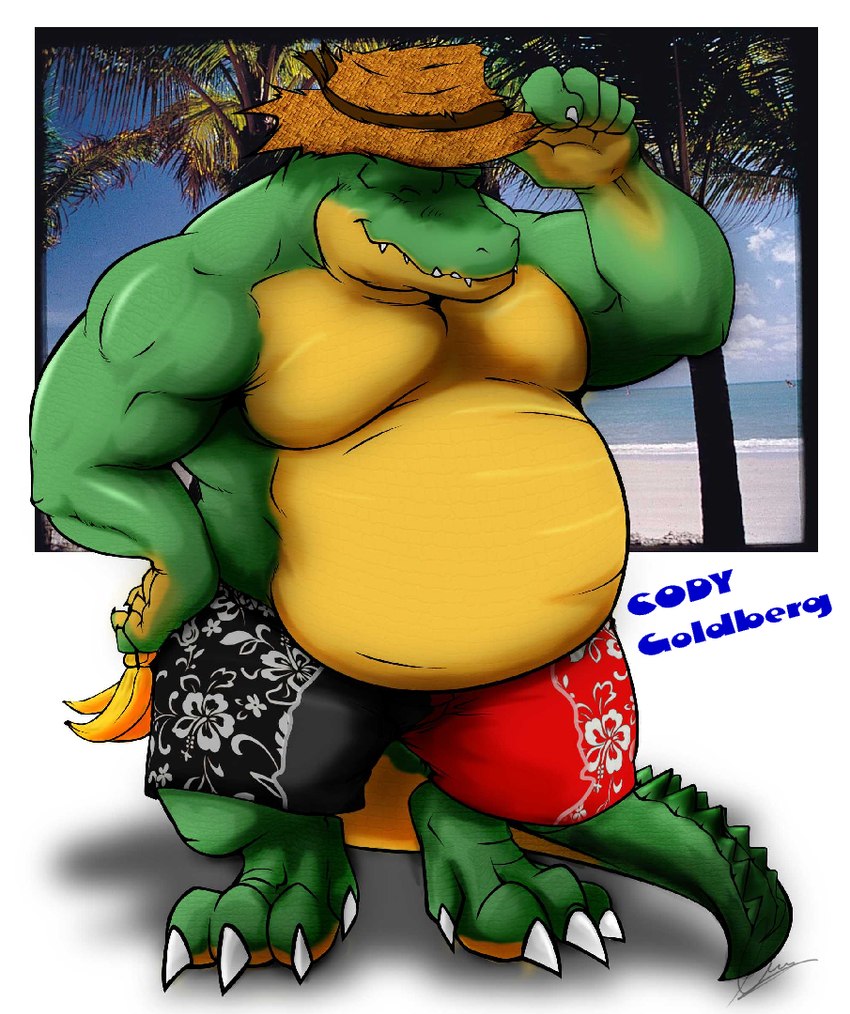 anthro banana belly big_belly clothing food fruit hat headgear headwear male overweight overweight_anthro overweight_male plant smile solo straw_hat swimming_trunks swimwear tropical timberwolfmax cody_goldberg alligator alligatorid crocodile crocodilian reptile scalie