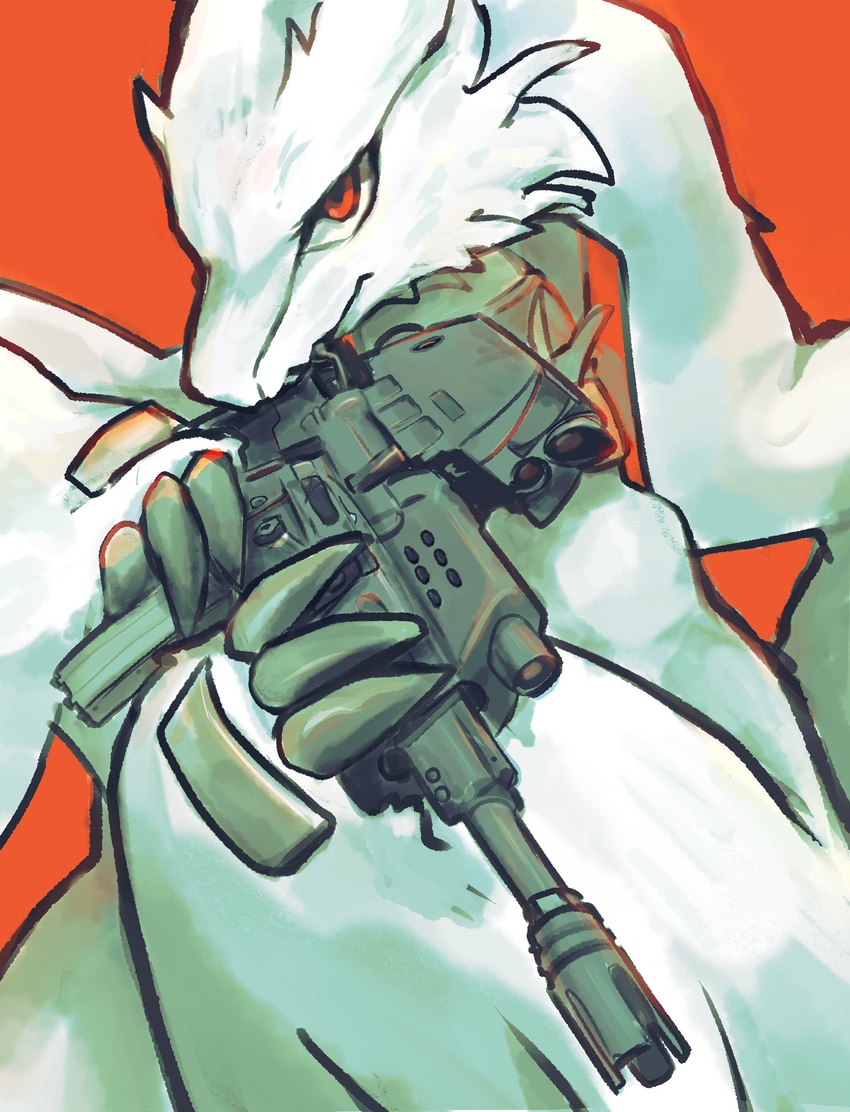 ambiguous_gender claws facial_tuft fluffy fur gun holding_gun holding_object holding_ranged_weapon holding_weapon looking_at_viewer neck_ring orange_background ranged_weapon red_eyes serious serious_face simple_background solo tuft weapon white_body white_fur long_and_soft mythology nintendo pokemon dragon furred_dragon furred_scalie generation_5_pokemon legendary_pokemon mythological_creature mythological_scalie pokemon_(species) reshiram scalie absurd_res digital_media_(artwork) hi_res