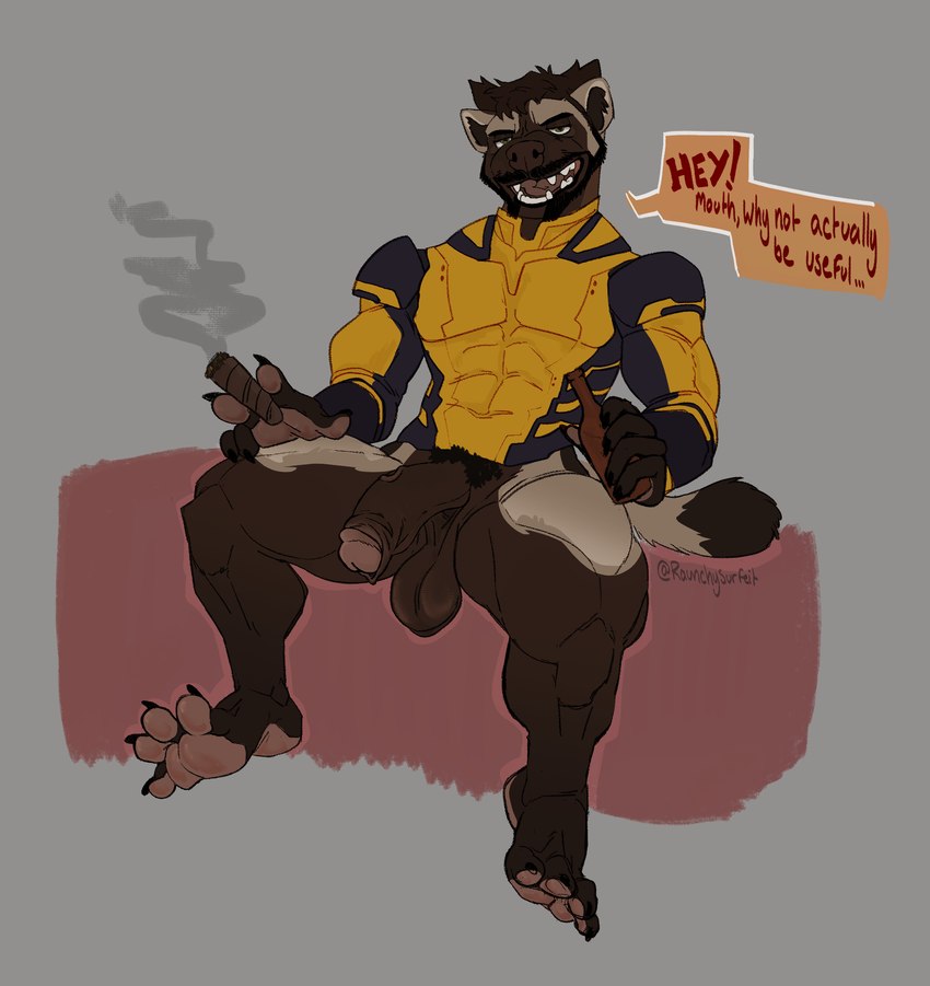 anthro balls beard big_balls big_penis bottomless bottomless_male brown_penis cigar cigar_smoke clothed clothing dark_penis degradation demanding facial_hair feet fellatio_gesture fellatio_request foreskin full_foot_pawpads genitals gesture humanoid_genitalia humanoid_penis male muscular muscular_anthro oral_request pawpads penis pubes requesting retracted_foreskin saggy_balls sex_request sitting smoke solo spread_toes suggestive suggestive_gesture toes toothy_grin raunchysurfeit marvel wolverine_(marvel) gulonine mammal mustelid musteline wolverine hi_res