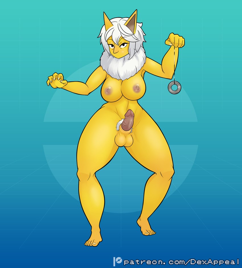 animal_genitalia anthro anthrofied balls blue_background breasts erection feet front_view fur genitals gynomorph hair hypnosis intersex large_nose looking_at_viewer mane mind_control mouthless nipples nude penis pokemorph pubes sheath simple_background solo toes vein veiny_penis white_body white_fur white_hair yellow_body dex_appeal nintendo pokemon generation_1_pokemon hypno_(pokemon) mammal pokemon_(species) hi_res