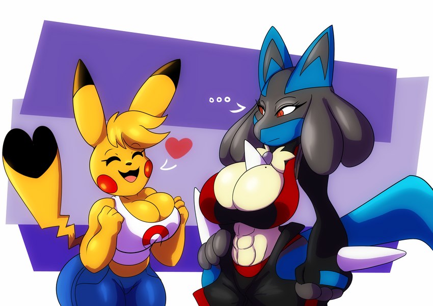 abs anthro big_breasts black_tail_tip blonde_hair breasts cleavage cleft_tail clothed clothing cosplay_pikachu_(costume) crop_top dipstick_ears dipstick_tail duo ear_markings ellipsis female hair hand_on_hip heart_symbol heart_tail markings midriff multicolored_ears muscular muscular_female open_mouth open_smile shirt smile tail tail_markings topwear solratic nintendo pokemon cosplay_pikachu_(character) kanna_(joaoppereiraus) pikachu_libre generation_1_pokemon generation_4_pokemon lucario pikachu pokemon_(species) hi_res