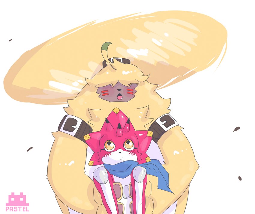 anthro belt blush carrying_another carrying_partner duo flying fur hair hair_over_eyes helicopter_ears long_ears male male/male red_body yellow_body yellow_fur pastelmon_art bandai_namco digimon digimon_ghost_game angoramon betelgammamon digimon_(species) lagomorph leporid mammal rabbit scalie hi_res