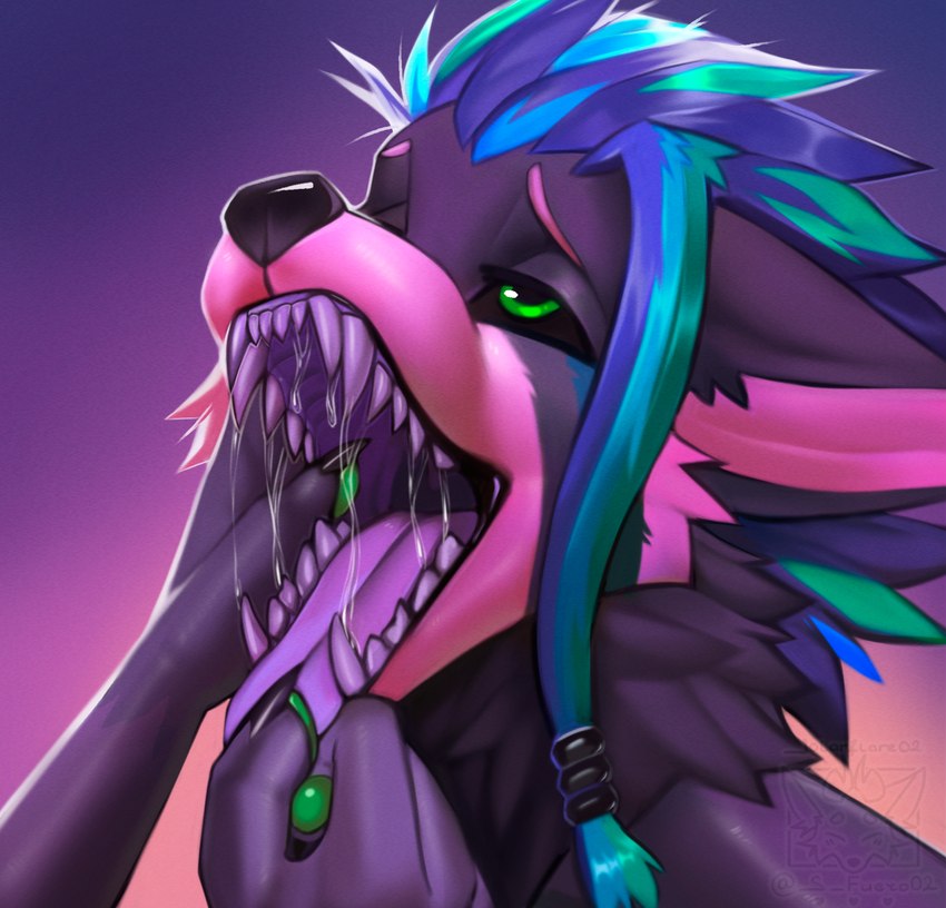 anthro bedroom_eyes bodily_fluids dark_eyes detailed_mouth duo faceless_character fangs finger_in_mouth fondling fur hair looking_pleasured male mouth_shot narrowed_eyes neck_tuft open_mouth purple_body purple_fur saliva saliva_string seductive simple_background suggestive teeth tongue tongue_out tuft uvula solarflare02 aquawolf canid canine fox mammal headshot_portrait hi_res portrait