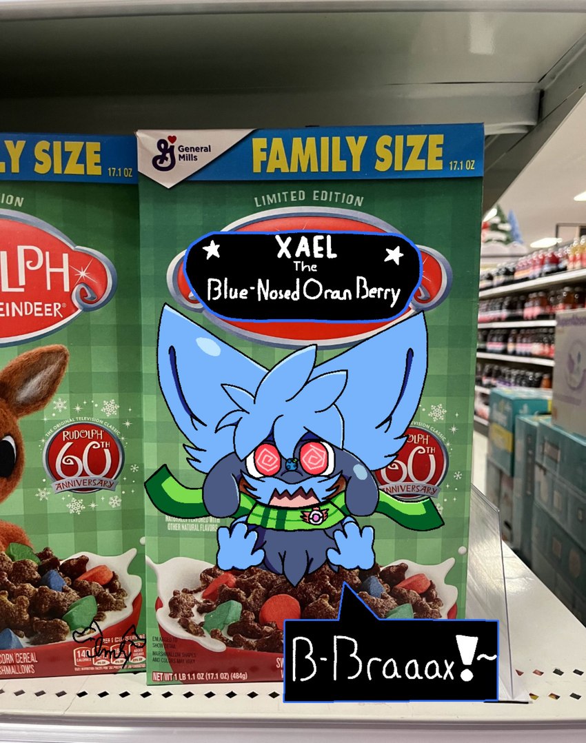 after_transformation berry black_body black_fur blue_body blue_fur cereal_box cereal_mascot chest_tuft feral flattened food fruit fur grocery_store inanimate_transformation inside male open_mouth oran_berry plant pokemon_berry red_eyes scarf shelf solo speech_bubble spiral_eyes text transformation tuft ibraxia xael_the_artist nintendo pokemon pokemon_mystery_dungeon rudolph_the_red-nosed_reindeer_(tv_special) spike_chunsoft rudolph_the_red-nosed_reindeer deer generation_4_pokemon inanimate_object mammal new_world_deer pokemon_(species) reindeer riolu absurd_res draw_over english_text hi_res photography_(artwork)