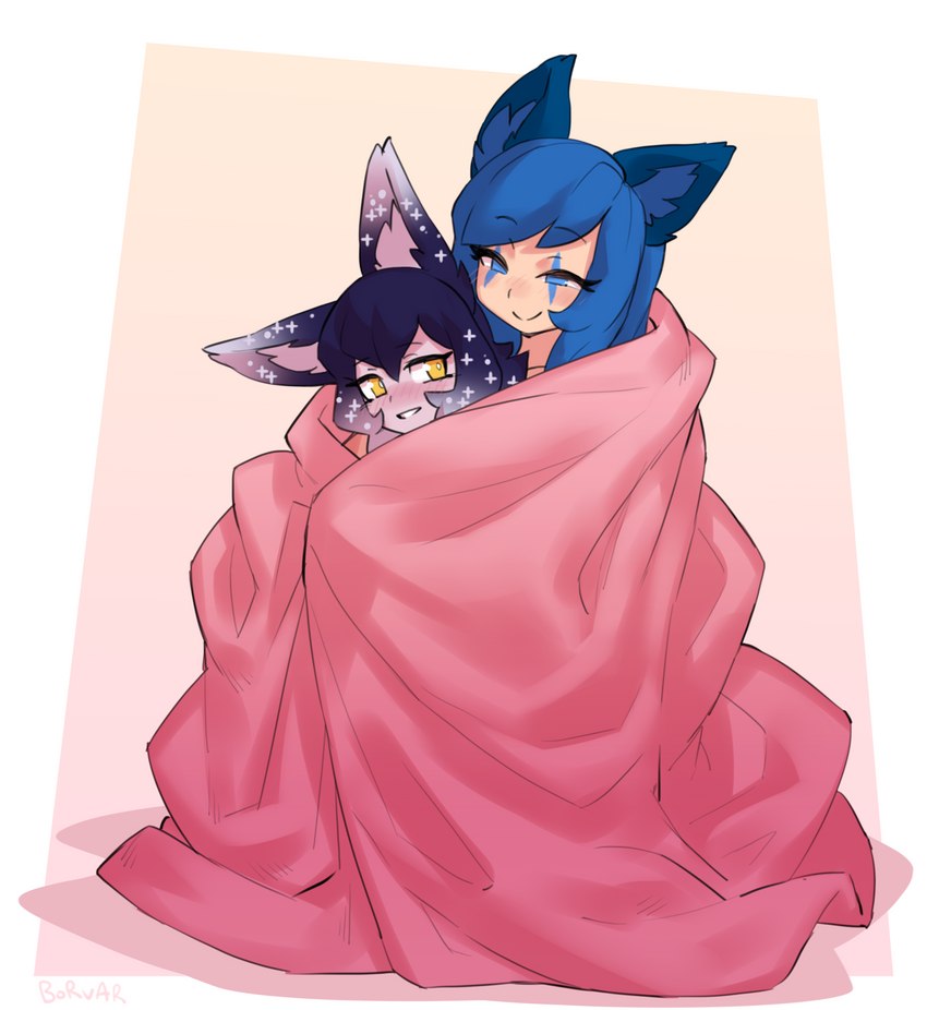 bedding black_hair blanket blue_eyes blue_hair blush blush_lines bodypaint duo face_paint female female/female hair narrowed_eyes smile sparkles text yellow_eyes borvar kon_(habitualboomer) mystral animal_humanoid canid canid_humanoid canine canine_humanoid fox_humanoid humanoid mammal mammal_humanoid wolf_humanoid 2023 hi_res signature