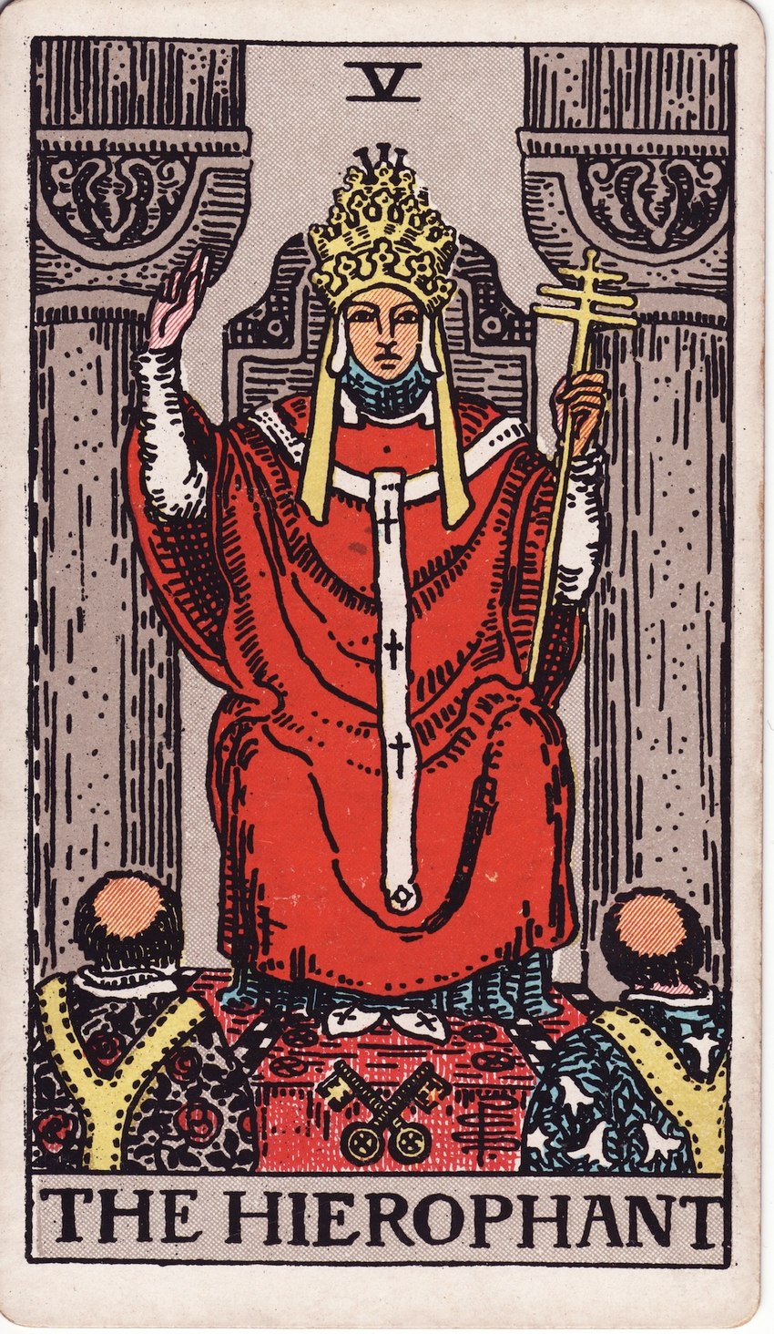 ambiguous_gender card carpet clothed clothing crown friar_haircut grey_background group headgear holding_object holding_scepter human_only inside key major_arcana male not_furry pillar pope roman_numeral scepter simple_background solo_focus tarot tarot_card text the_hierophant_(tarot) trio pamela_colman_smith human mammal 1910 20th_century ancient_art english_text hi_res