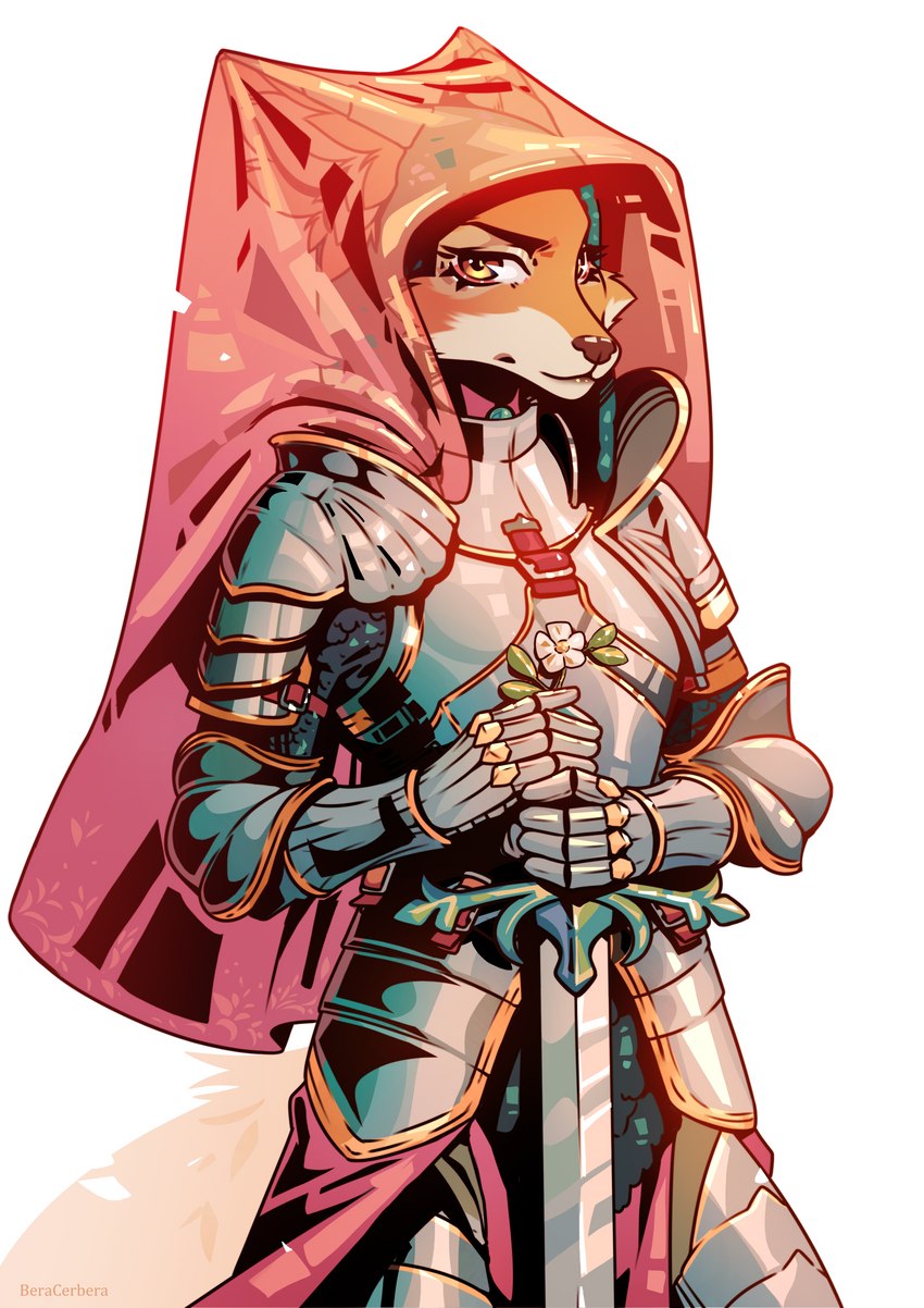 anthro armor biped breastplate brown_nose cheek_tuft clothed clothing countershade_face countershade_fur countershading daisy_(flower) eyebrows eyelashes facial_tuft female flower front_view fully_clothed fur glistening glistening_armor glistening_eyes holding_flower holding_melee_weapon holding_object holding_sword holding_weapon humanoid_hands inner_ear_fluff looking_at_viewer melee_weapon multicolored_body multicolored_fur orange_body orange_fur pink_clothing plant plate_armor snout solo standing sword three-quarter_view translucent translucent_clothing tuft two_tone_body two_tone_fur veil weapon white_body white_countershading white_fur white_inner_ear_fluff yellow_eyes cerbera disney robin_hood_(disney) maid_marian canid canine fox mammal red_fox true_fox 2022 absurd_res colored digital_media_(artwork) half-length_portrait hi_res portrait shaded