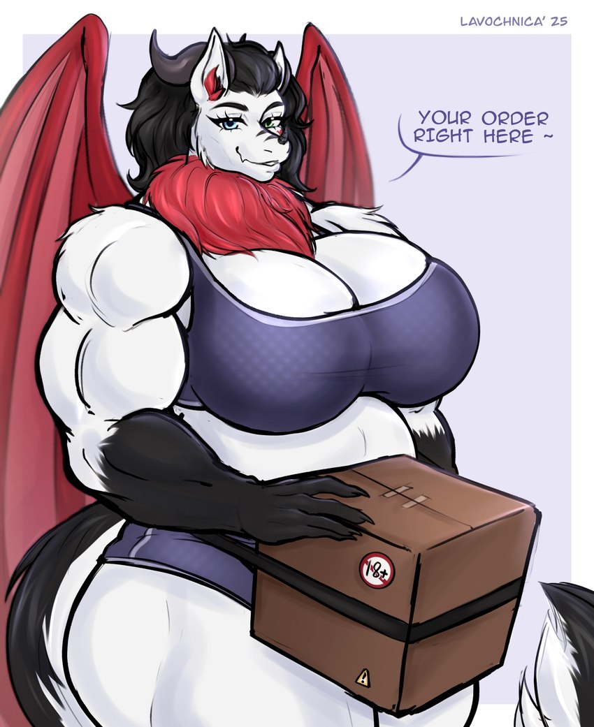 anthro big_breasts big_muscles breasts dick_in_a_box hair herm huge_breasts intersex membrane_(anatomy) membranous_wings muscular solo wings lavochnica mythology dragon mythological_creature mythological_scalie scalie absurd_res hi_res