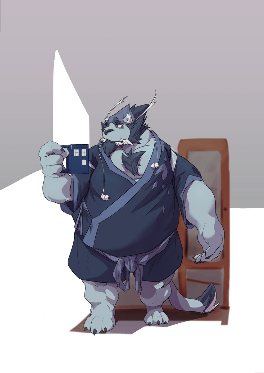 anthro beard belly big_belly clothed clothing container cup facial_hair humanoid_hands kemono male mug overweight overweight_male solo ottar mammal unknown_species 2022 full-length_portrait hi_res portrait