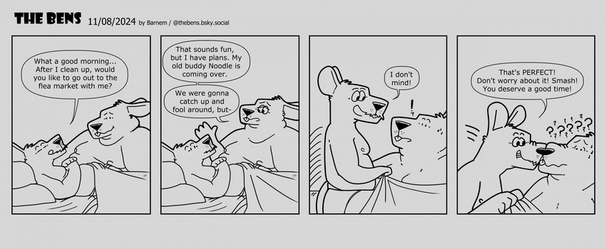 anthro bed bedding belly blanket confusion dialogue duo furniture lying male moobs nipples overweight overweight_male pillow question_mark text barnem mammal murid murine rat rodent 2024 comic english_text hi_res monochrome