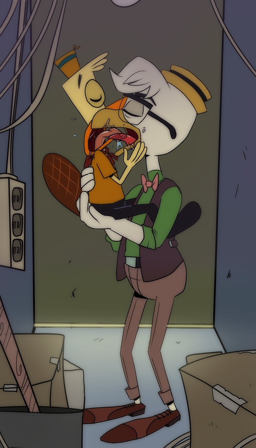 adult_on_young age_difference anthro bodily_fluids closet clothed clothing duo eyes_closed eyewear french_kissing glasses hat headgear headwear held_up hiding kissing male male/male saliva saliva_on_tongue young igotdragons camp_lazlo cartoon_network disney ducktales ducktales_(2017) edward_(camp_lazlo) edward_platypus gyro_gearloose avian bird chicken galliform gallus_(genus) mammal monotreme phasianid platypus hi_res