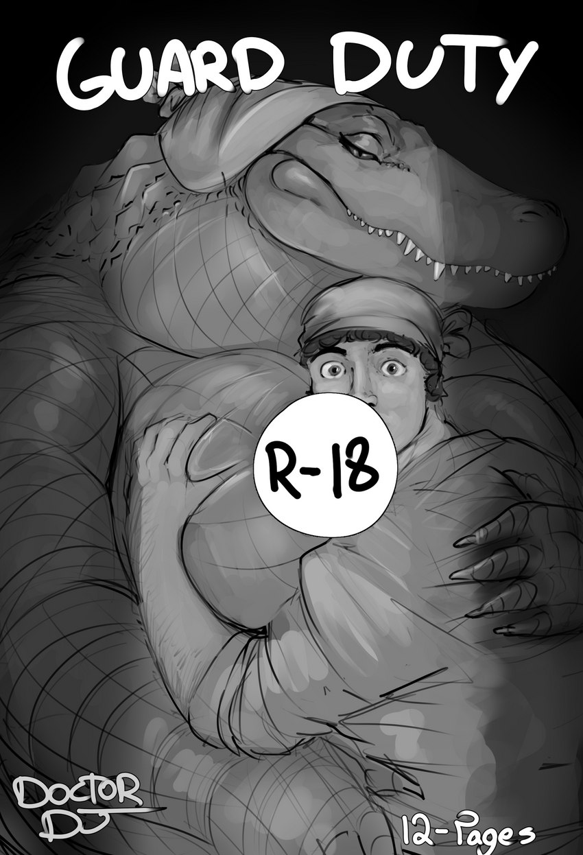 anthro bedroom_eyes big_breasts biped breast_grab breasts claws duo female finger_claws hand_on_breast huge_breasts human_on_anthro interspecies larger_anthro larger_female male narrowed_eyes seductive sharp_teeth size_difference smaller_human smaller_male teeth text doctordj olivia_(doctordj) alligator alligatorid crocodilian human mammal reptile scalie 2023 comic cover cover_art cover_page digital_media_(artwork) english_text greyscale hi_res monochrome