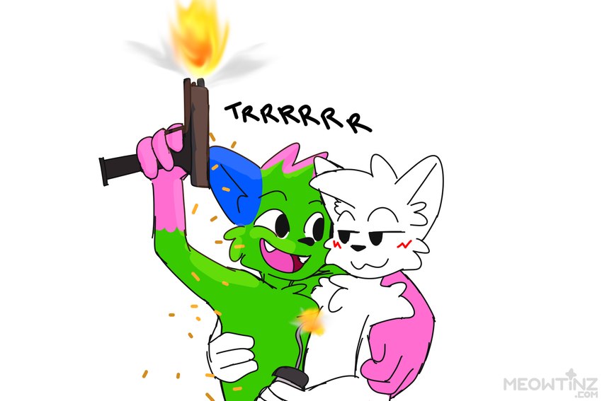anthro blue_body blue_fur blush cuddling duo explosives eye_contact fangs fur green_body green_fur gun handgun holding_gun holding_object holding_ranged_weapon holding_weapon looking_at_another male male/male open_mouth open_smile pink_body pink_fur pipe_bomb pistol ranged_weapon shell_(projectile) shooting smile smirk teeth weapon meowtinz boy_kisser_(meme) don't_touch_my_pizza_(meme) glock nyanwolf kevin_(nyanwolf) silly_cat_(mauzymice) canid canine canis domestic_cat felid feline felis mammal wolf 2025 colored colored_sketch digital_media_(artwork) hi_res meme sketch