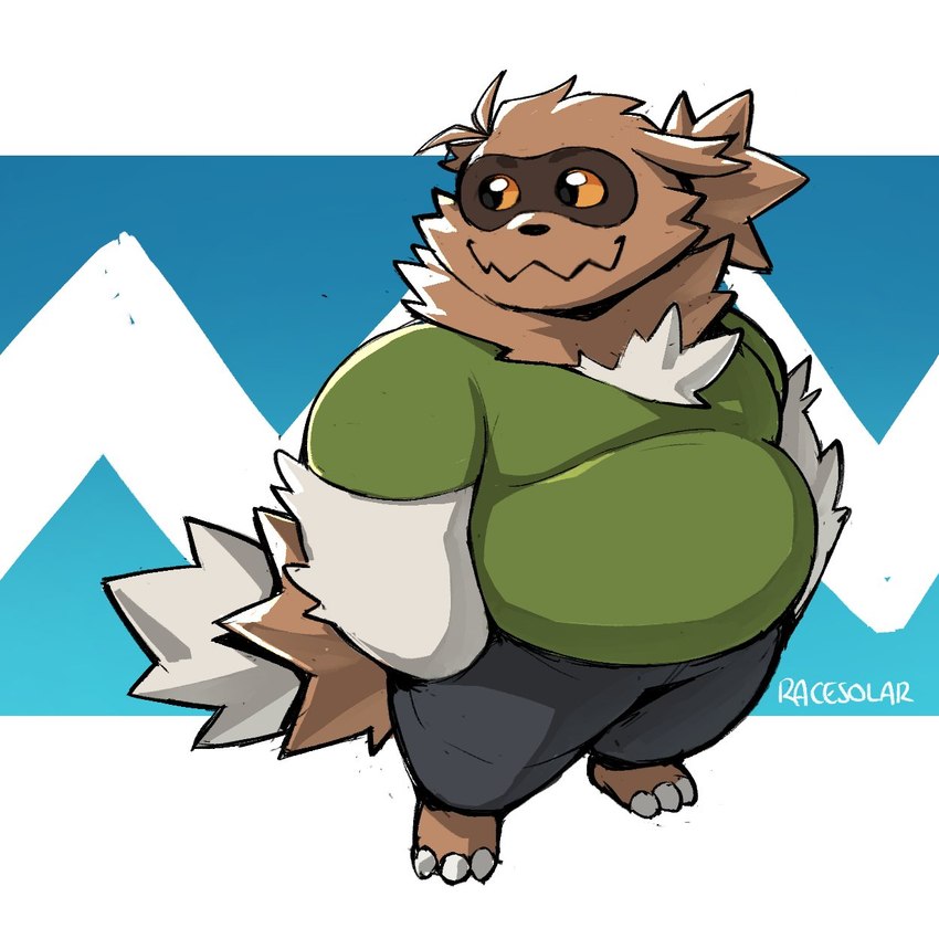 anthro anthrofied belly bottomwear brown_body brown_fur clothing fur green_clothing green_shirt green_topwear hands_in_both_pockets male overweight overweight_anthro overweight_male pants pokemorph shirt smile solo standing topwear racesolar nintendo pokemon generation_3_pokemon pokemon_(species) zigzagoon hi_res