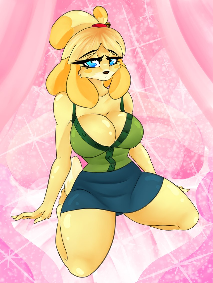 anthro big_breasts blue_eyes bottomwear breasts cleavage clothed clothing female furgonomics glistening glistening_body glistening_eyes glistening_skin hair monotone_bottomwear monotone_clothing monotone_skirt pencil_skirt pose skirt solo sparkles sparkling_background tail tail_through_skirt cassielink animal_crossing nintendo isabelle_(animal_crossing) canid canine canis domestic_dog mammal absurd_res digital_media_(artwork) digital_painting_(artwork) hi_res pinup sketch