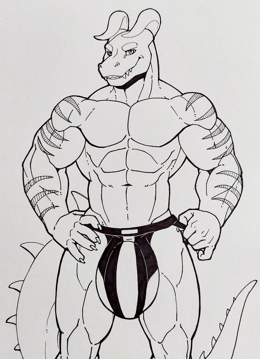 2_horns abs anthro biceps bulge horn male muscular muscular_anthro muscular_male pecs solo spikes spikes_(anatomy) striped_body stripes tail cleiarkent mythology malzel_(kojimafire) dragon mythological_creature mythological_scalie scalie hi_res