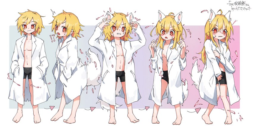 ?! basic_sequence black_bottomwear black_clothing black_shorts blonde_hair blush bodily_fluids bottomwear breast_growth breasts clothing coat covering covering_breasts ear_expansion expansion female feminization five_frame_image five_frame_sequence fluffy fur fur_growth gender_transformation growth hair hair_expansion human_to_humanoid lab_coat linear_sequence male mtf_transformation multi_frame_sequence pigeon_toed red_eyes shorts simple_background solo species_transformation surprise sweat tail tail_growth topwear transformation transformation_sequence underwear white_body white_fur bismukky animal_humanoid canid canid_humanoid human humanoid mammal mammal_humanoid 2021 2:1 hi_res sequence