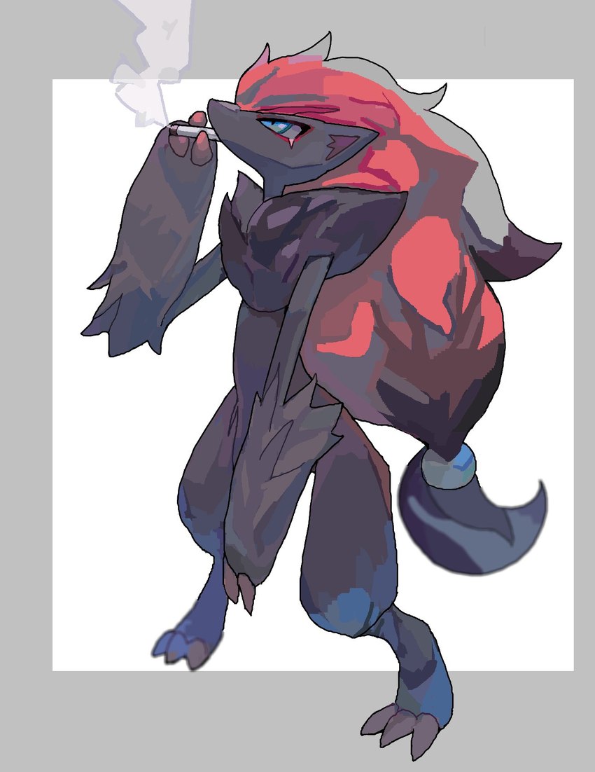 ambiguous_gender anthro black_body black_fur blue_eyes claws finger_claws fur hair red_hair simple_background smoke smoking solo toe_claws podo nintendo pokemon generation_5_pokemon pokemon_(species) zoroark hi_res