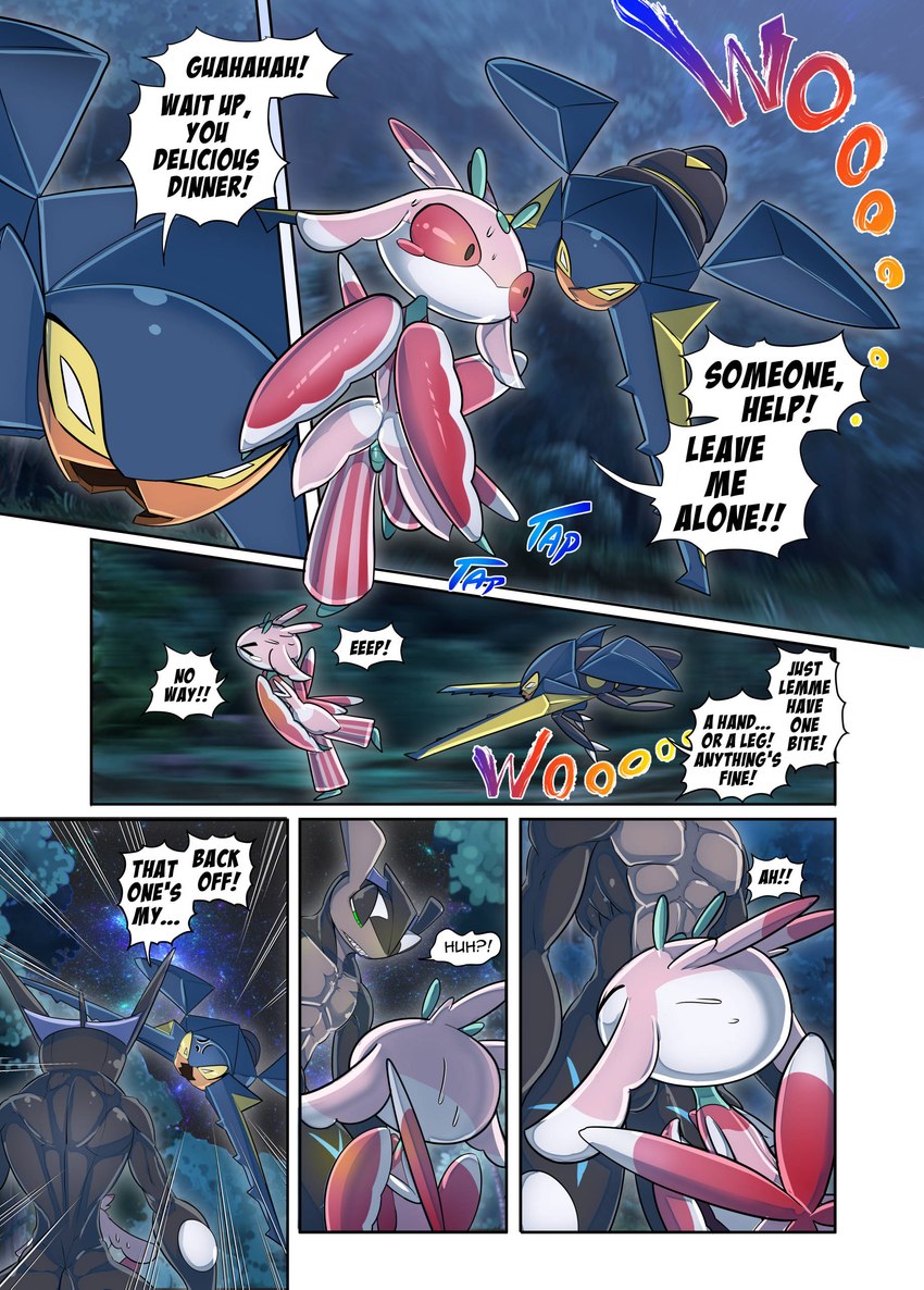 ambiguous_gender black_body blue_body bodily_fluids dialogue female green_eyes group pink_body sweat text trio white_body yellow_eyes kicktyan nintendo pokemon wafu generation_6_pokemon generation_7_pokemon greninja lurantis pokemon_(species) absurd_res comic english_text hi_res