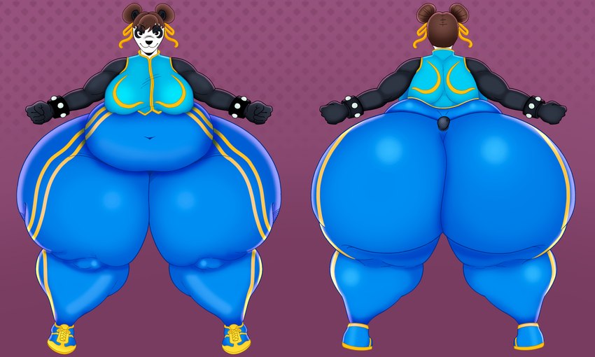 anthro big_breasts big_butt black_body black_bracelet black_eyes black_fur black_nose black_tail blue_bodysuit blue_clothing blue_footwear blue_shoes blue_skinsuit bodysuit bracelet breasts brown_hair butt clothing cosplay crossover_cosplay female footwear front_view fur hair half-closed_eyes huge_butt hyper hyper_butt jewelry multicolored_bodysuit multicolored_bracelet multicolored_clothing multicolored_footwear multicolored_shoes multicolored_skinsuit narrowed_eyes obese obese_anthro obese_female overweight overweight_anthro overweight_female pose rear_view shoes short_tail skinsuit solo standing tail thick_thighs tight_clothing two_tone_bracelet two_tone_clothing two_tone_footwear two_tone_shoes white_body white_bracelet white_fur yellow_bodysuit yellow_clothing yellow_footwear yellow_shoes yellow_skinsuit itsme_hilo capcom street_fighter chun-li bear giant_panda mammal 2024 absurd_res crossover digital_media_(artwork) hi_res