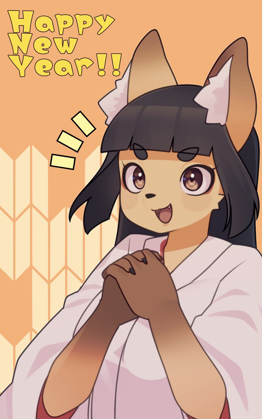 anthro asian_clothing big_breasts black_hair breasts brown_eyes clothing east_asian_clothing fangs female hair japanese_clothing looking_at_viewer miko_outfit open_mouth smile solo teeth arumo komena_akamori canid canine fox mammal 5:8 absurd_res hi_res