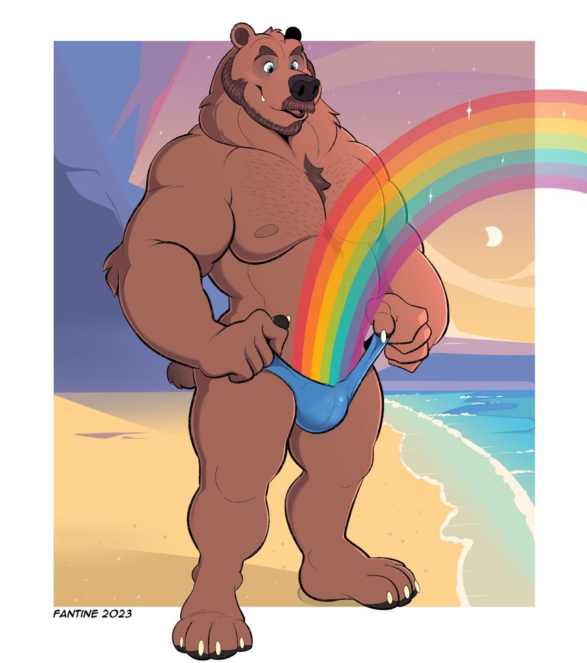 anthro beach beard blue_clothing blue_eyes blue_underwear blush body_hair border brown_body brown_fur brown_hair chest_hair claws clothing clothing_pull evening facial_hair finger_claws from_underwear fur hair looking_down male musclegut muscular muscular_anthro muscular_male mustache nipples pawpads plantigrade rainbow sand sea seaside short_tail solo standing super_gay tail toe_claws underwear underwear_pull water wave white_border fantine bear brown_bear mammal ursine 2023 artist_name dated hi_res