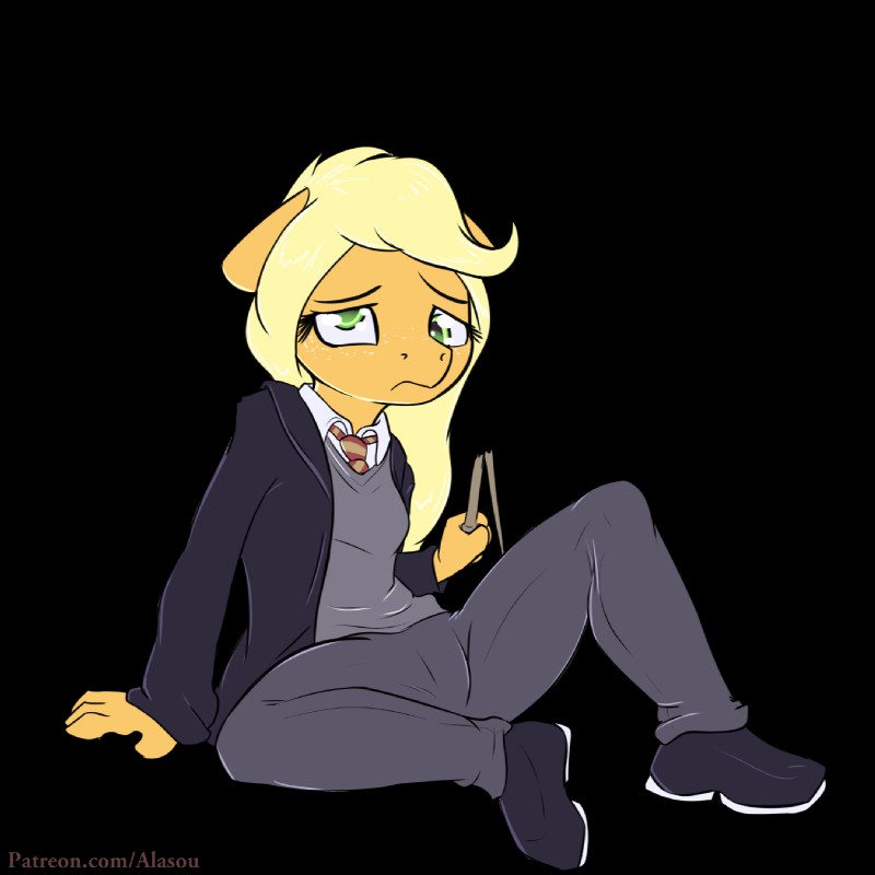 anthro anthrofied blonde_hair clothed clothing derp_eyes eyelashes female freckles green_eyes gryffindor hair hogwarts_uniform long_hair school_uniform simple_background solo text transparent_background uniform alasou friendship_is_magic harry_potter_(series) hasbro my_little_pony applejack_(mlp) earth_pony equid equine horse mammal pony 1:1 2016 alpha_channel crossover hi_res url