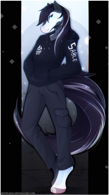 anthro black_clothing black_hair black_hoodie black_topwear blue_eyes border clothing eyebrows eyelashes hair hoodie hooves male solo text topwear white_border koveliana sable_(oreohorse) equid equine horse mammal 2019 absurd_res digital_media_(artwork) hi_res url