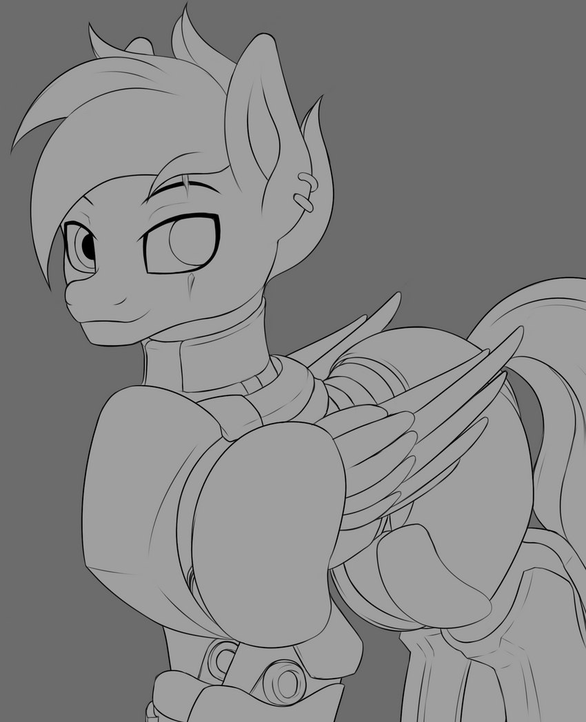 armor ear_piercing looking_at_viewer machine piercing power_armor scar smile solo wings thehuskylord hasbro my_little_pony mythology equid equine horse mammal mythological_creature mythological_equine pegasus pony 2022 absurd_res digital_media_(artwork) hi_res monochrome sketch