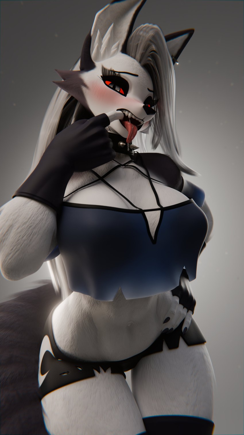 anthro big_breasts bottomwear breasts clothed clothing female fur grey_hair hair inner_ear_fluff red_sclera shirt shorts simple_background solo tail tongue tongue_out topwear tuft white_body white_fur thevercetti dogzeela_(modeler) helluva_boss mythology loona_(helluva_boss) canid canid_demon canine demon hellhound mammal mythological_canine mythological_creature 3d_(artwork) 4k 9:16 absurd_res blender_(artwork) digital_media_(artwork) hi_res