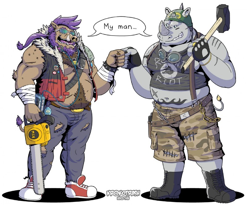 anthro beard belly big_belly body_hair chainsaw chest_hair clothing duo facial_hair facial_piercing fist_bump gesture hair horn male nose_piercing nose_ring piercing ponytail power_tool purple_hair ring_piercing tools wanikami teenage_mutant_ninja_turtles bebop rocksteady mammal rhinoceros suid suina sus_(pig) wild_boar