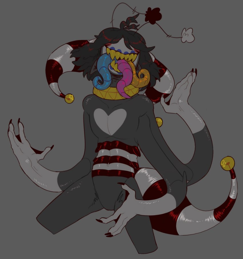 3_arms 3_tongues bell black_hair ears_down gills glistening glistening_body grey_background grey_body hair heart_symbol jester markings membrane_(anatomy) multi_arm multi_limb multi_tongue nails no_eyebrows not_furry pivoted_ears simple_background solo teeth tongue webbed_hands white_markings unknown_artist monster 2018 flat_colors hi_res