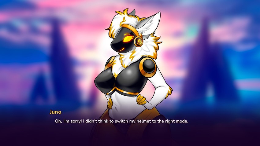 anthro big_breasts blurred_background breasts clothing costume cybernetics detailed_background female fur legwear machine screen screen_face smile solo steam summer text thick_thighs thigh_highs visual_novel_interface white_text wide_hips yellow_text zhadart my_furry_protogen juno_(my_furry_protogen) cyborg mammal protogen robot robot_anthro 16:9 digital_media_(artwork) english_text hi_res widescreen